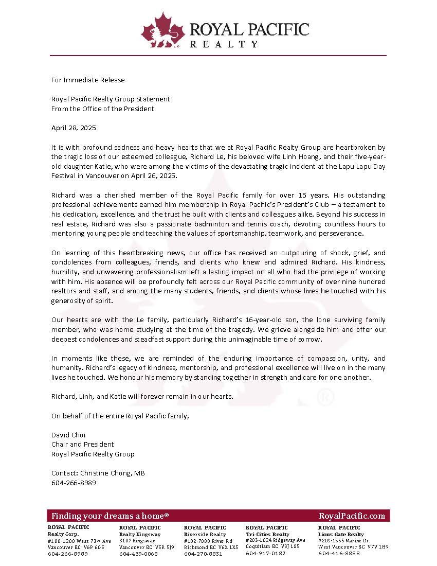 Royal Pacific Realty Group Statement from the Office of the President